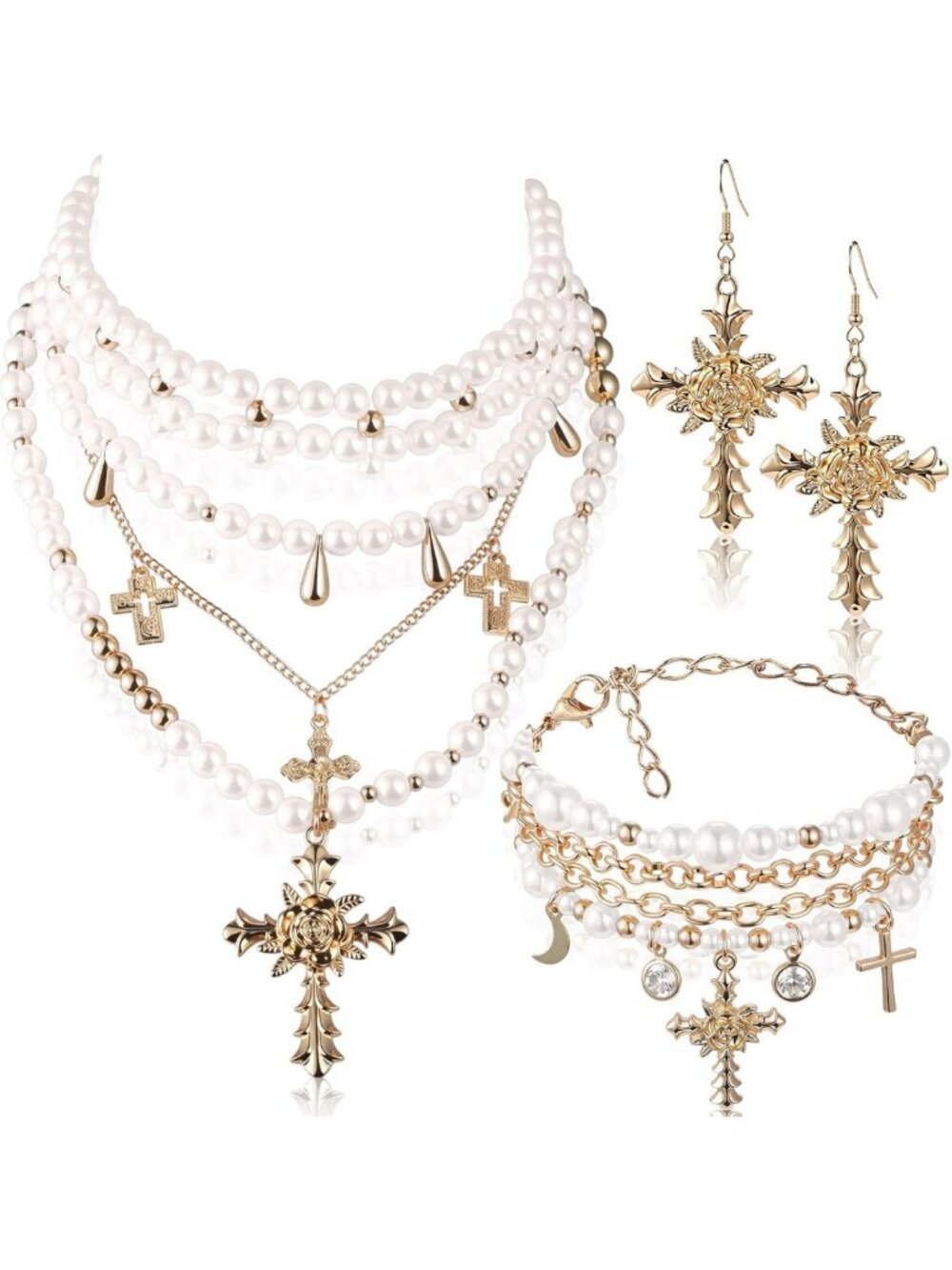 Gothic Jewelry Set - 3 Pcs Cross Necklace, Earrings & Bracelet - Y2K Layered